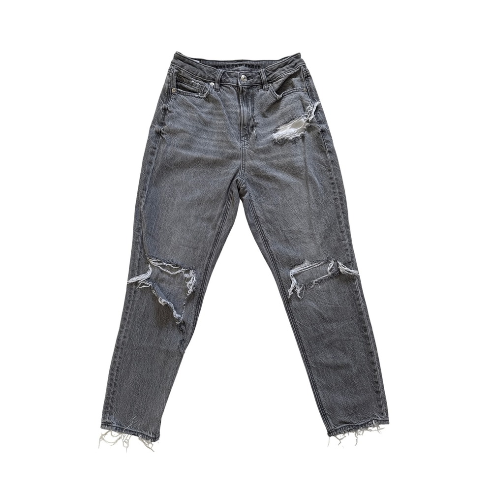 American Eagle High Waisted Mom Jeans Faded Black Distressed Ripped Size 4 Reg